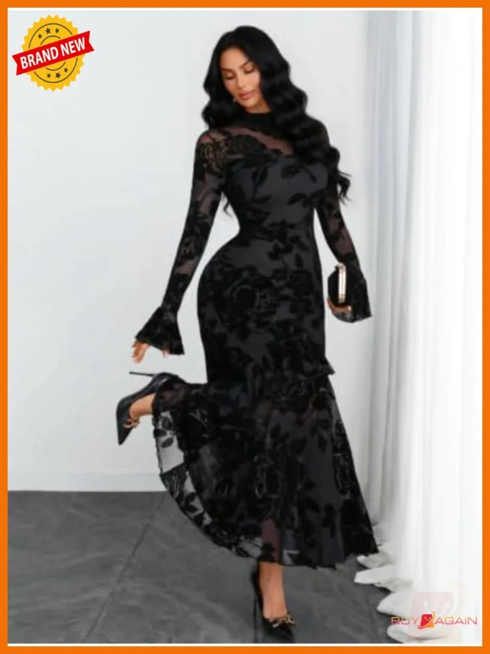 Women Floral Maxi Dress Bell Sleeve Mermaid Hem Wedding Guest Party
